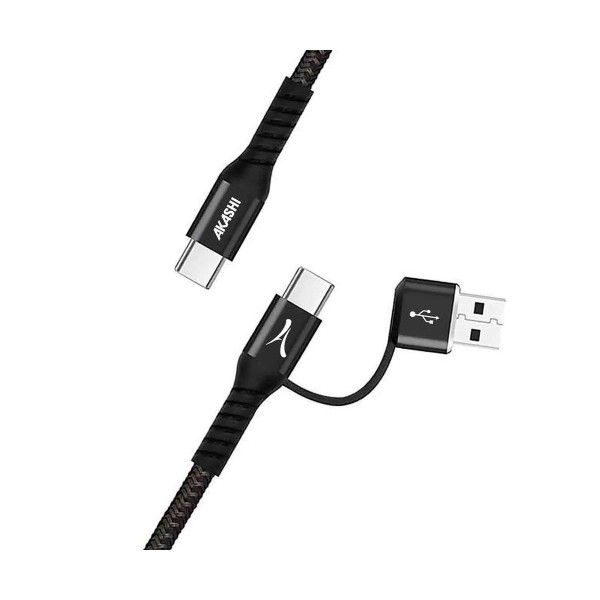 Akashi 2 en 1 negro / cable adaptador usb-c (m) a usb-a (m) + usb-c (m) 1m