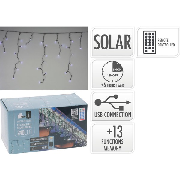 Cortina solar recargable, 240 leds, multifunción, luz fría, exterior, 8 m