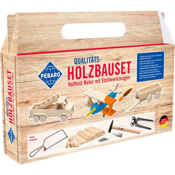 Kit de construcción de madera en caja de cartón con asa de transporte
